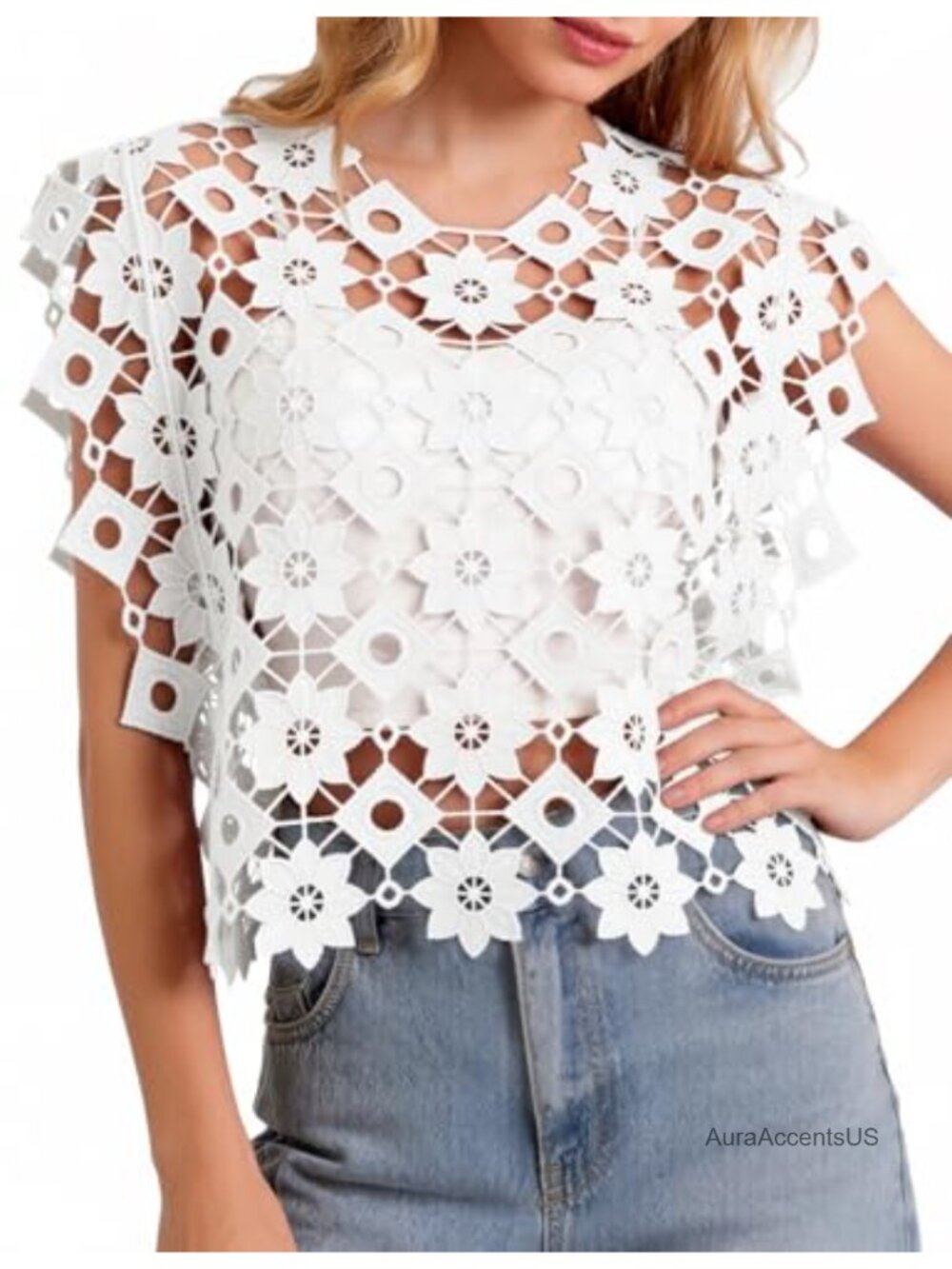 Women's Sleeveless Lace Crop Top Hollow Out Floral Blouse Going Out Summer